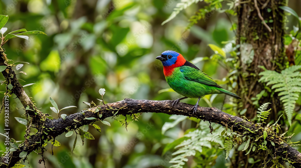 Obraz premium Colorful Bird Perched on a Mossy Branch in a Lush Tropical Rainforest Setting