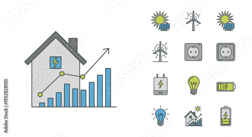 Renewable Energy House with Growth Chart and Icons