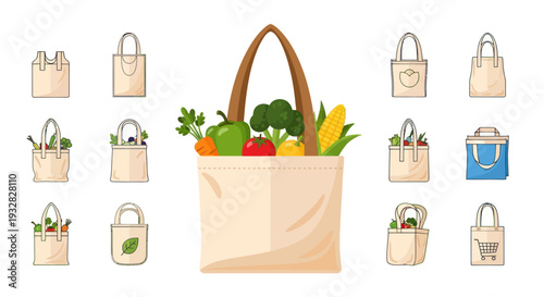 Eco-friendly shopping bags filled with fresh organic produce, flat design illustration.