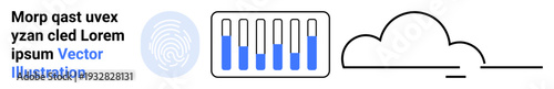 Fingerprint icon, data bars in blue and white, and cloud graphics. Ideal for technology, security, data storage, cloud computing, innovation, data analysis and a simple landing page