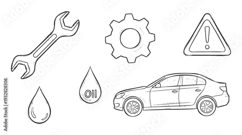 Automotive service icons featuring a car, wrench, gear, warning sign, and oil drops, ideal for mechanics, auto repair shops, and vehicle maintenance educational content