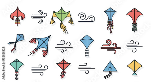 Colorful Kite Collection - Traditional, Modern Designs with Wind Icons