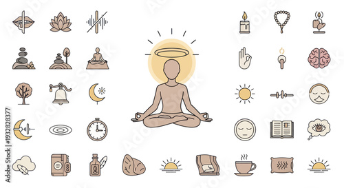Meditation Icons Set: Zen, Yoga, Mindfulness, Spirituality, Wellness, Nature, Time, Brain