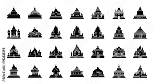 Collection of Ancient Temple Icons | Silhouette of Buddhist Architecture