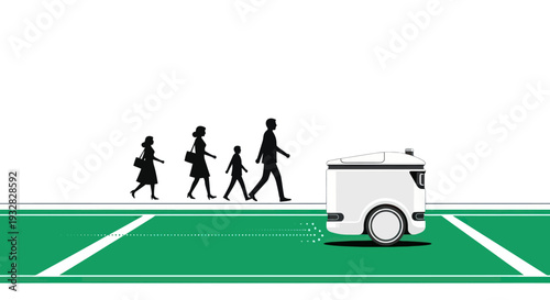 Autonomous delivery robot follows pedestrians on a green path, futuristic urban transport concept.
