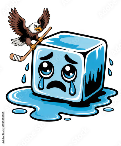Cartoon eagle hits melting ice cube with hockey stick