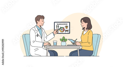 Doctor consulting patient on nutrition and healthy diet at clinic