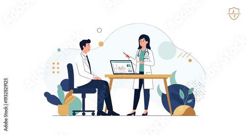 Doctor consulting patient with laptop in modern clinic, healthcare concept