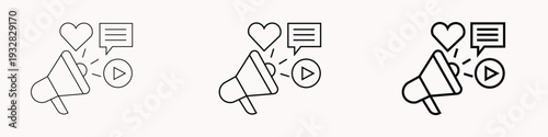 Social Media Marketing Megaphone Icon with Heart, Speech Bubble, and Play Button - Digital Engagement and Online Promotion Concept