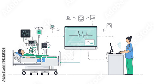 Patient in hospital bed connected to medical equipment, nurse using computer for monitoring