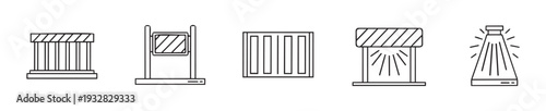 Outline icon set featuring diverse linear illustrations of construction barriers, traffic control gates, security grates, and various light fixtures for industrial or safety related graphic