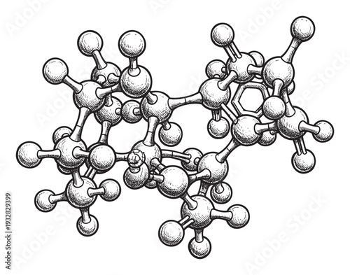 Intricate engraved molecular structure diagram representing a complex chemical compound, perfect for scientific education, research presentations, and conceptual study resources.