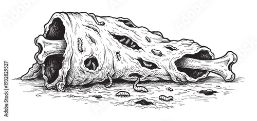 Detailed ink drawing depicting a gruesome rotten bone or log filled with creepy crawling worms and various insects perfect for macabre horror projects and grotesque themed designs