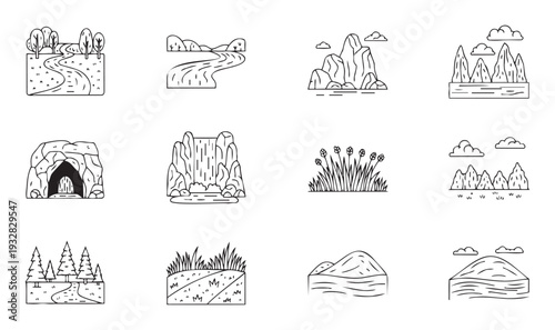 A comprehensive set of minimalist line art icons depicting various natural landscapes and outdoor scenery elements, perfect for modern graphic design projects and educational resources.