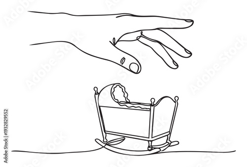 Minimalist continuous line drawing of a caring hand hovering above a babys rocking crib, symbolizing birth, parenthood, and gentle nurturing, perfect for familythemed educational resources