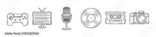 A collection of classic media and entertainment devices including a game controller, television, microphone, vinyl record, cassette, and camera for representing vintage technology and