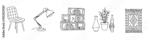 Handdrawn outline collection of home furnishings and decor items like a chair, desk lamp, bookshelf, plant, vase, and rug for interior design and comfortable living projects.