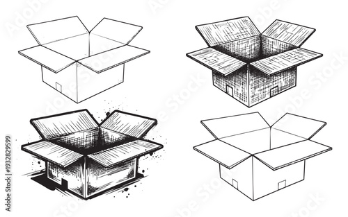 A collection of diverse hand drawn open cardboard boxes in various stylistic renditions, perfect for illustrating shipping, packaging, moving, storage, and unboxing concepts.