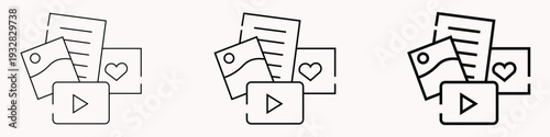 Icon Set: Media Content Collection - Images, Videos, Likes, and Documents Representing Digital Data and Multimedia Assets