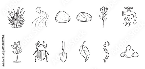 Ecology and gardening objects including plants, stones, a river, an insect, a trowel, and a water faucet, useful for illustrating environmental protection or sustainable garden themes.