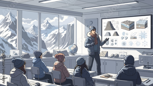 Teacher presenting geological samples to students in a classroom.