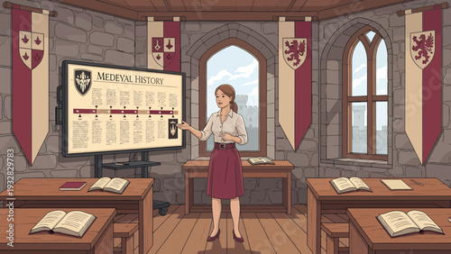 Teacher presenting medieval history timeline on large screen.