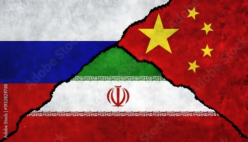 Flags torn collage showing Russia, Iran, and China in rough cracked textures, symbolizing shifting alliances and geopolitical tension