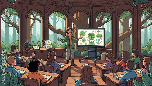 Teacher presenting science lesson on plants to attentive students in a classroom.