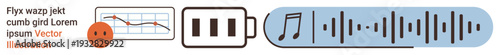Energy consumption, low battery, emotional response, music analysis, data trends, technology concepts. A battery icon links emotional and audio analysis with a graph trend. Energy consumption
