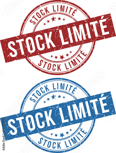 Two stock limited stamps in red and blue on a white background