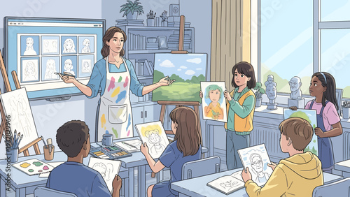 Art Class with Teacher and Students Learning to Draw Portraits.