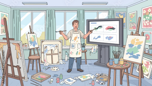 Artist teaching art class with digital screen.