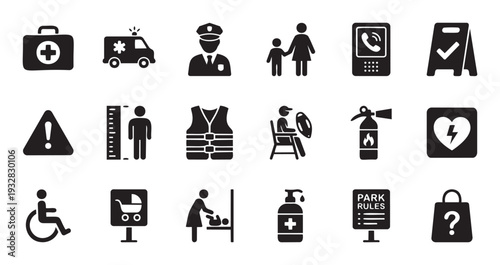 Essential safety and public service icons representing emergency assistance, family care, health, information, and accessibility suitable for various applications and public information