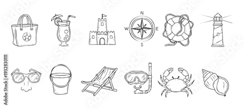 Collection of hand drawn summer beach vacation and sea travel themed outline icons perfect for travel blogs brochures and tourism advertisements