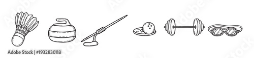 Black outline sport equipment symbols depicting a badminton shuttlecock, curling stone, javelin, bowling ball with pins, heavy barbell, and swim goggles, suitable for various athletic club