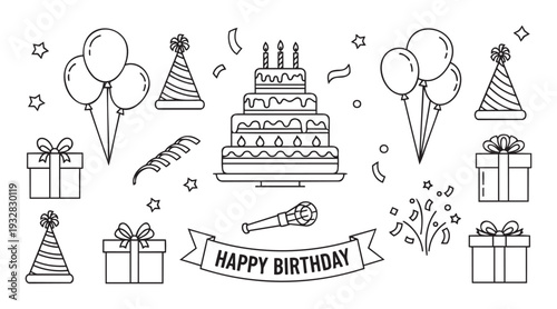 Set of festive birthday celebration elements including cake, balloons, presents, and party decorations perfect for invitations, greeting designs, and event graphics