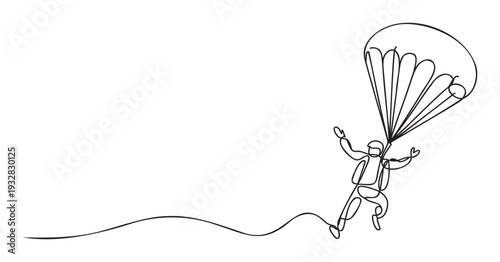 Continuous line drawing of a skydiver in motion with an open parachute, ideal for active lifestyle promotions, motivational campaigns, and dynamic digital illustrations.