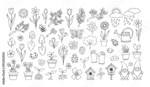 Spring and garden elements outline collection perfect for childrens coloring books, educational activities, seasonal event invitations, and delightful web graphics.