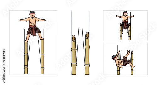 Boy on Stilts, Bamboo Poles, Traditional Game, Outdoor Activity, Childhood Fun