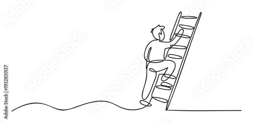Minimalist continuous line drawing of a determined individual climbing a ladder, symbolizing personal growth, career advancement, and achieving aspirational goals for motivational campaigns.