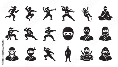 Ninja warrior silhouettes displaying various martial arts poses, combat actions, and stealth movements, perfect for gaming, martial arts branding, and Asian culture graphic design