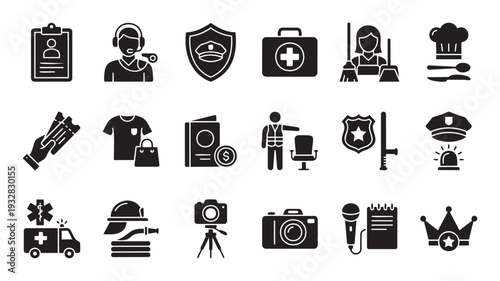 Collection of professional glyph icons depicting careers like police, medical, fire, chef, cleaning, referee, and entertainment useful for website navigation or informational graphic