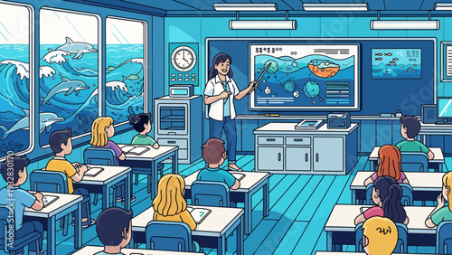 Classroom lesson on marine biology with interactive display.