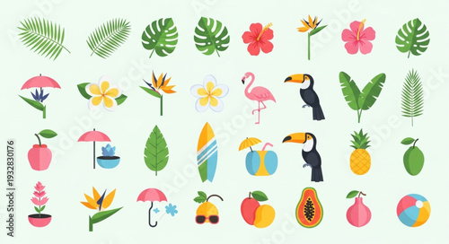 Collection of vibrant tropical illustrations featuring various plants, fruits, and animals.