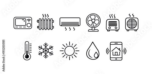 Climate control line icon set. temperature, heating, and cooling icons collection.