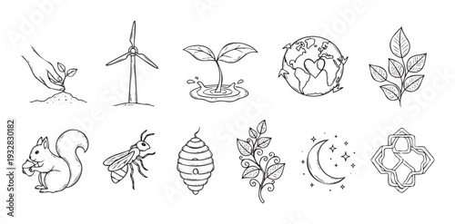 Hand drawn nature and environmental icons depicting growth, renewable energy, global care, and wildlife, ideal for sustainable living and eco friendly graphic design.