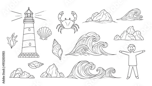 Black and white line drawings of essential coastal elements such as a towering lighthouse, a lively crab, intricate sea shells, dynamic ocean waves, rugged rock formations, and a happy