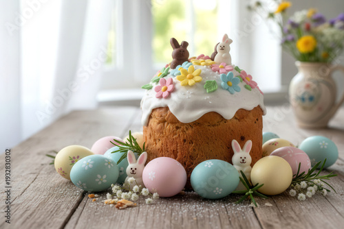 Traditional Easter cake decorated with white icing, colorful sugar flowers and bunny figures, surrounded by pastel painted eggs on rustic wooden table in bright spring home interior