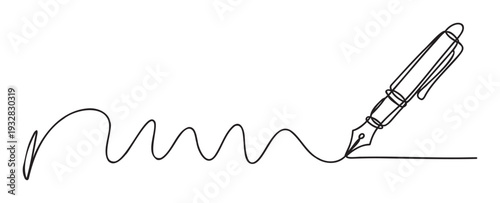 Elegant fountain pen drawing a continuous smooth black line, symbolizing signature, agreement, or creative writing suitable for business documents and educational material.