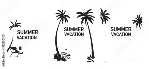 Tropical summer vacation scene featuring multiple black palm tree silhouettes with beach chairs and text, perfect for travel agency promotions or holiday themed graphics